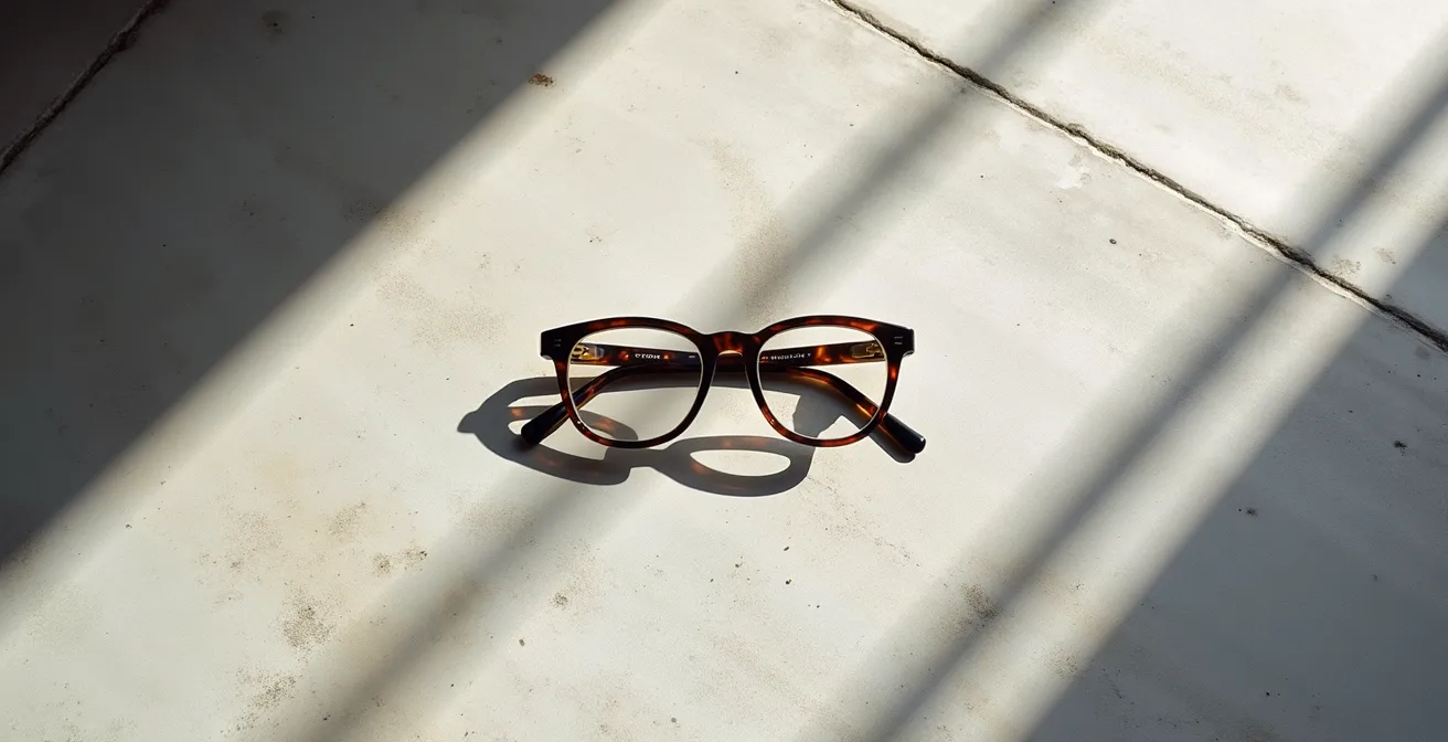 Composition épurée de lunettes sur surface architecturale avec ombres géométriques